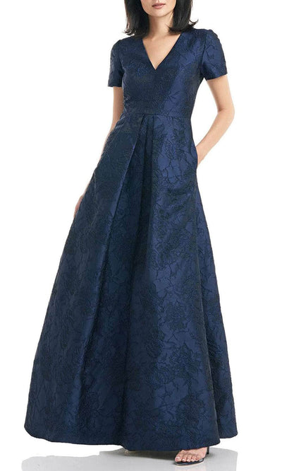 Kay Unger 5516713 - V Neck Jacquard A-Line Gown Special Occasion Dress 0 / Midnight