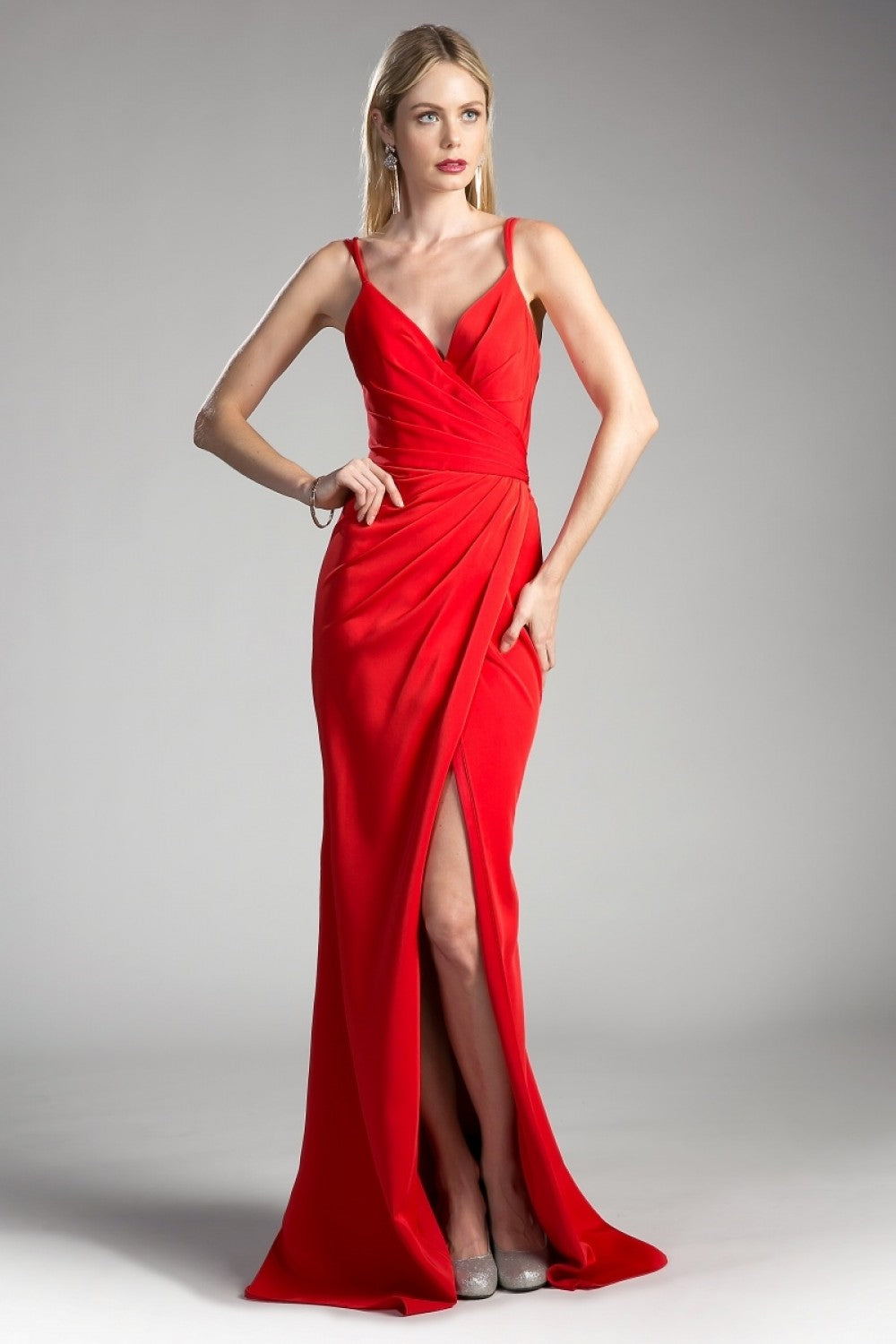 Cinderella Divine - KC1850SC Ruched V-Neck Sheath Evening Gown - 1 pc Red in size 18 Available