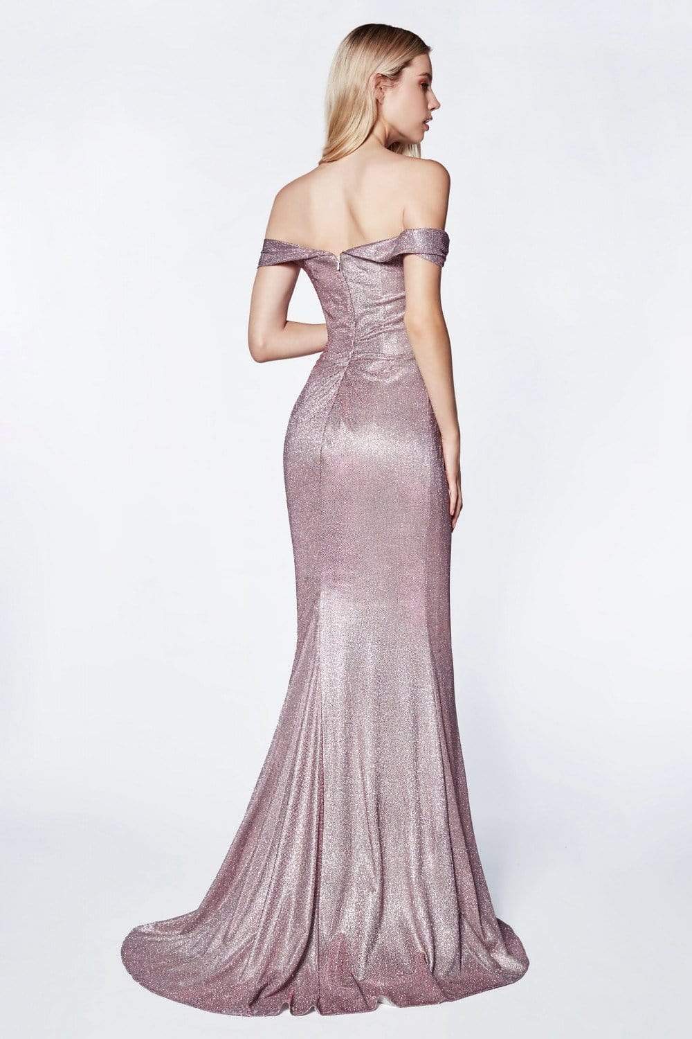 Cinderella Divine - KC872 Metallic Off Shoulder High Slit Gown Special Occasion Dress