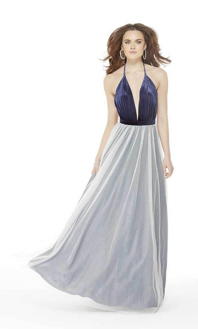 Alyce Paris - 104 Plunging Halter A-Line Gown In Blue and White