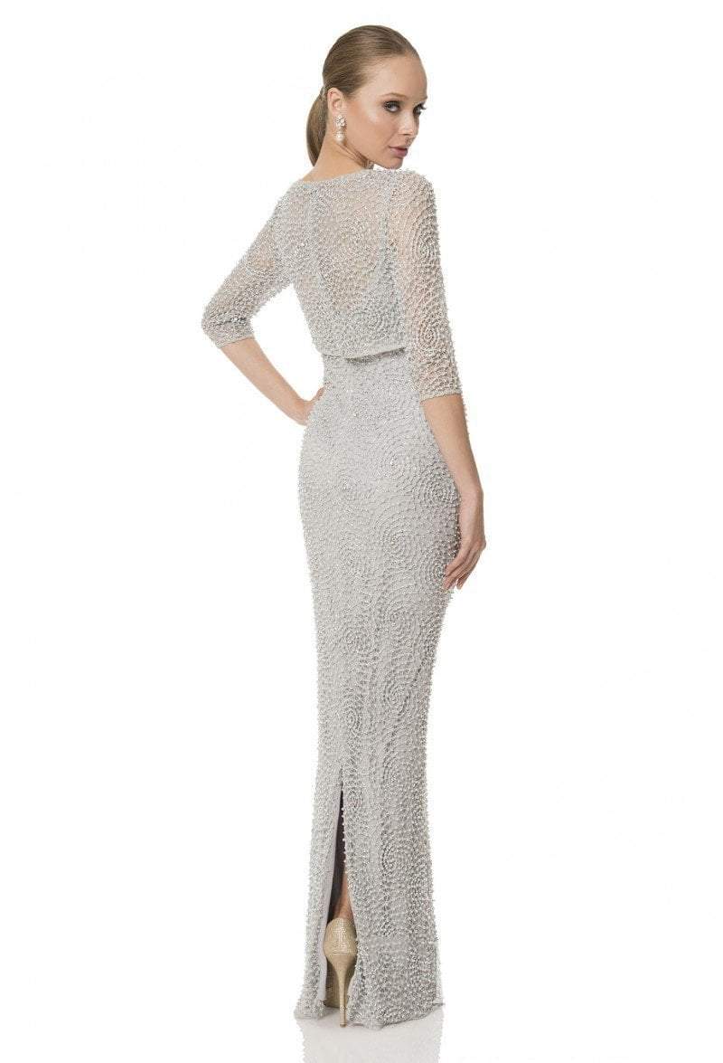 Terani Couture - 1611M0630A Embellished Bateau Sheath Dress in Silver