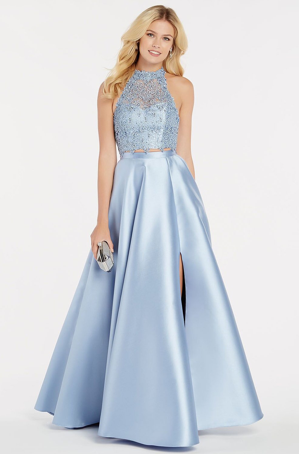 Alyce Paris - 60329 Flowy Two Piece Mikado Lace Prom Gown In Blue