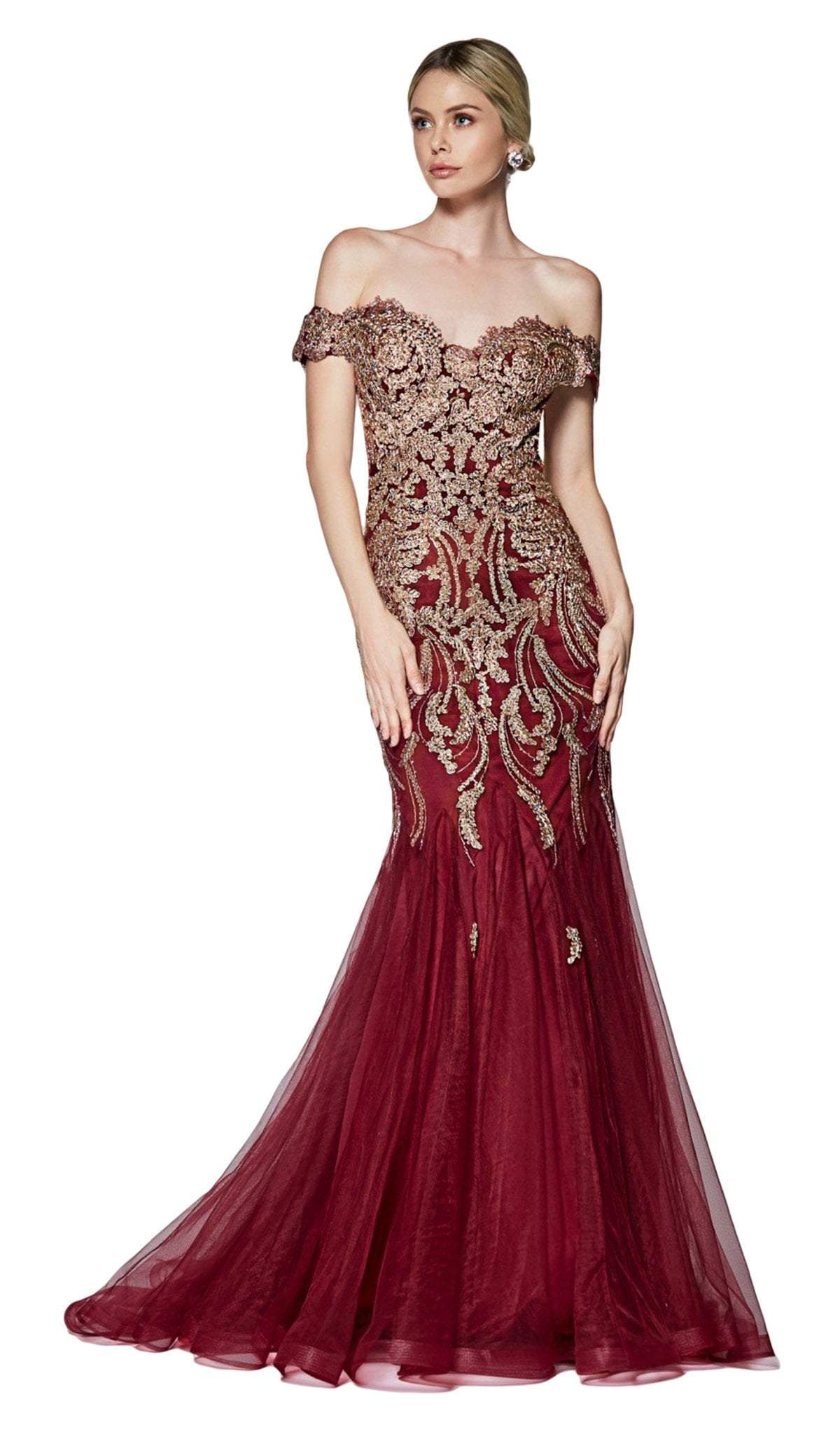 Cinderella Divine - KV1035 Off Shoulder Beaded Lace Tulle Mermaid Gown In Red and Gold