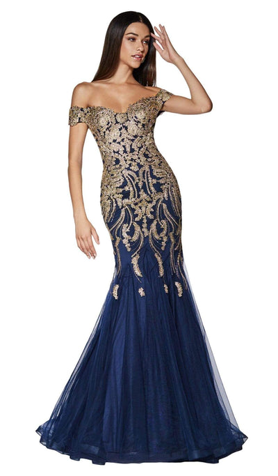 Cinderella Divine - KV1035 Off Shoulder Beaded Lace Tulle Mermaid Gown Pageant Dresses 4 / Navy/Gold
