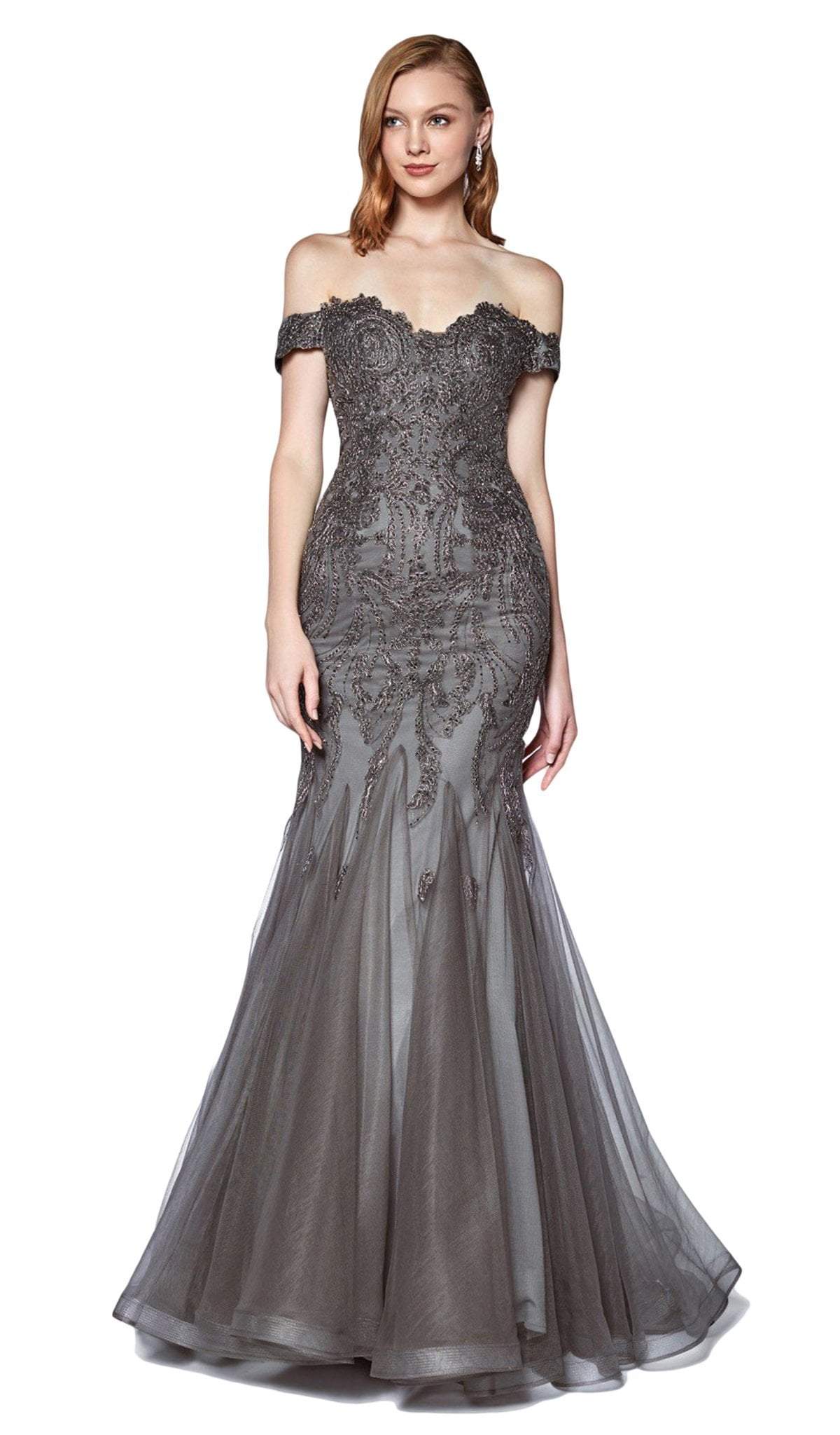 Cinderella Divine - KV1035 Off Shoulder Beaded Lace Tulle Mermaid Gown Pageant Dresses 4 / Charcoal