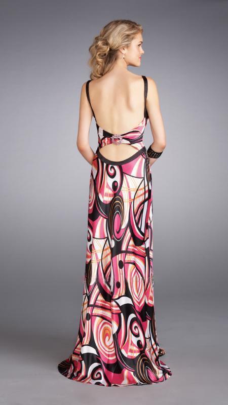 La Femme - 13262 Vibrantly Print V-Neck Sheath Gown with a Brooch Accent Special Occasion Dress