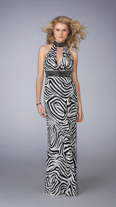 La Femme - 13425 Elegant Bejeweled High Neck Sheath Dress Special Occasion Dress 00 / Black/White