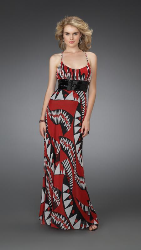 La Femme - 14359 Long Printed Dress with Pleated Waistband Special Occasion Dress 00 / Red