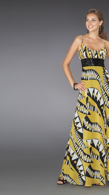 La Femme - 14359 Long Printed Dress with Pleated Waistband Special Occasion Dress