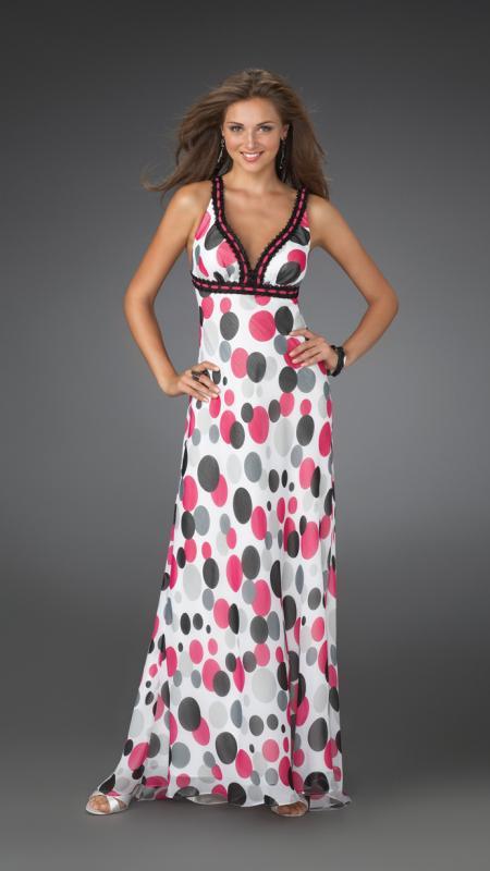 La Femme - 14403 Long Printed Dress with Criss Cross Back Special Occasion Dress 0 / Fuchsia