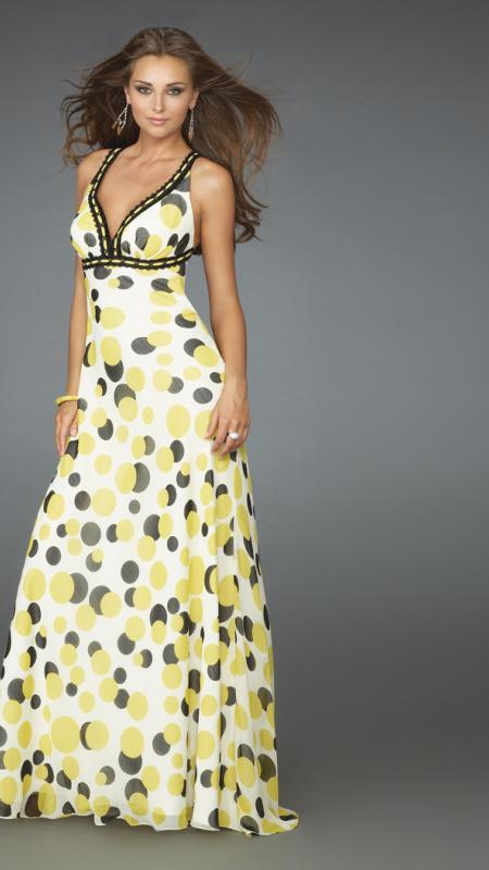 La Femme - 14403 Long Printed Dress with Criss Cross Back Special Occasion Dress
