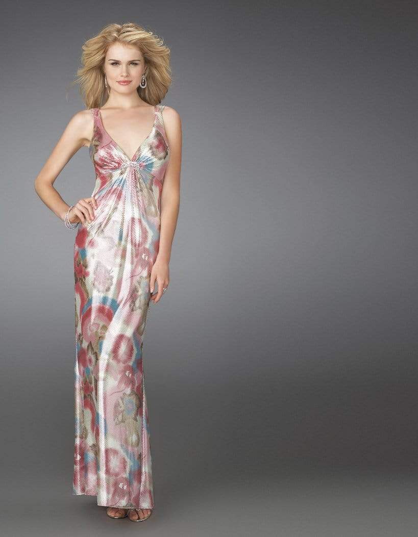 La Femme - 14441 Long Printed Dress with Criss Cross Back Special Occasion Dress 00 / Pink