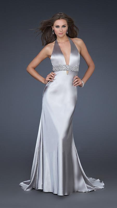 La Femme - 14743 Sophisticated Long Gown with Plunging Neckline Special Occasion Dress 00 / Silver