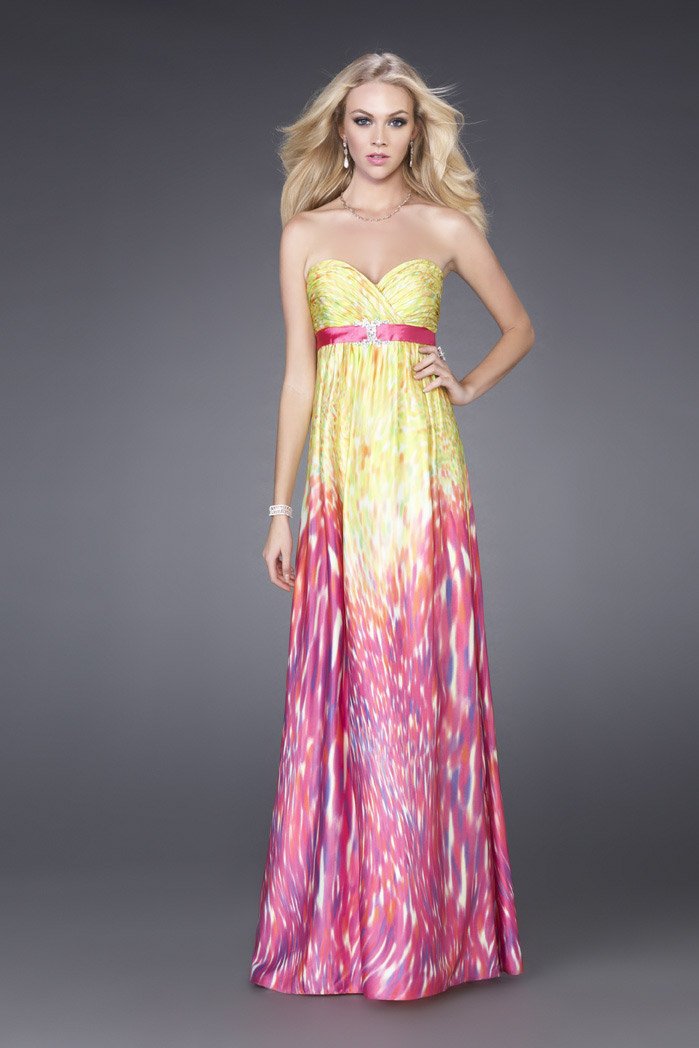 La Femme - 15142 Strapless long gown in fresh and fruity hues Special Occasion Dress 0 / Yellow/Fuchsia