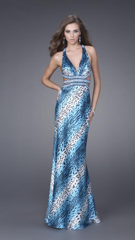 La Femme - 15349 Diagonal Animal Print V-Neck Sheath Gown Special Occasion Dress 00 / Blue
