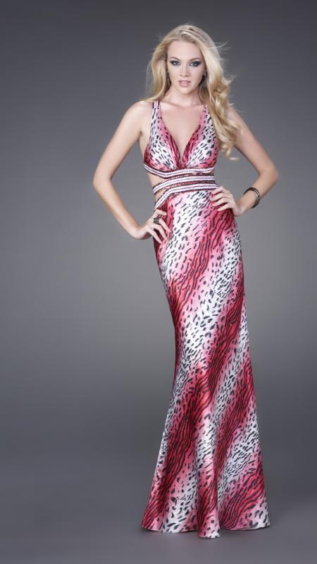La Femme - 15349 Diagonal Animal Print V-Neck Sheath Gown Special Occasion Dress 00 / Red