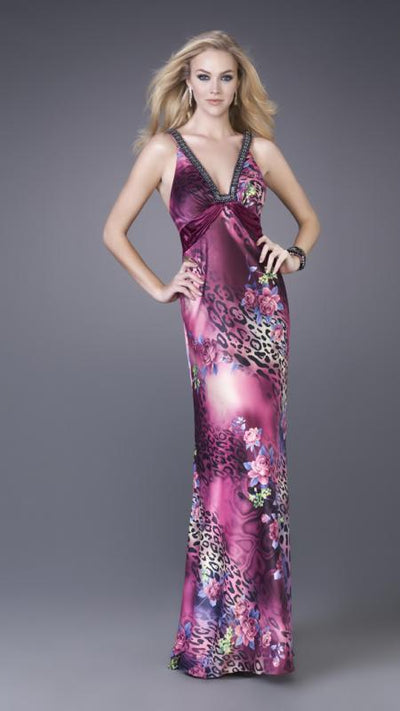 La Femme - 15734 Feisty Floral and Animal Print V-Neck Sheath Gown Special Occasion Dress 00 / Fuchsia