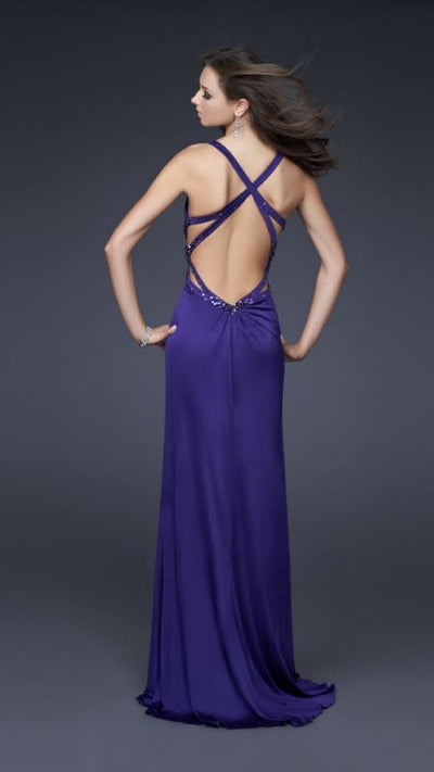 La Femme 16152SC Deep V-neckline with Strappy Back Evening Dress - 1 pc Majestic Purple In Size 0 Available CCSALE 0 / Majestic Purple