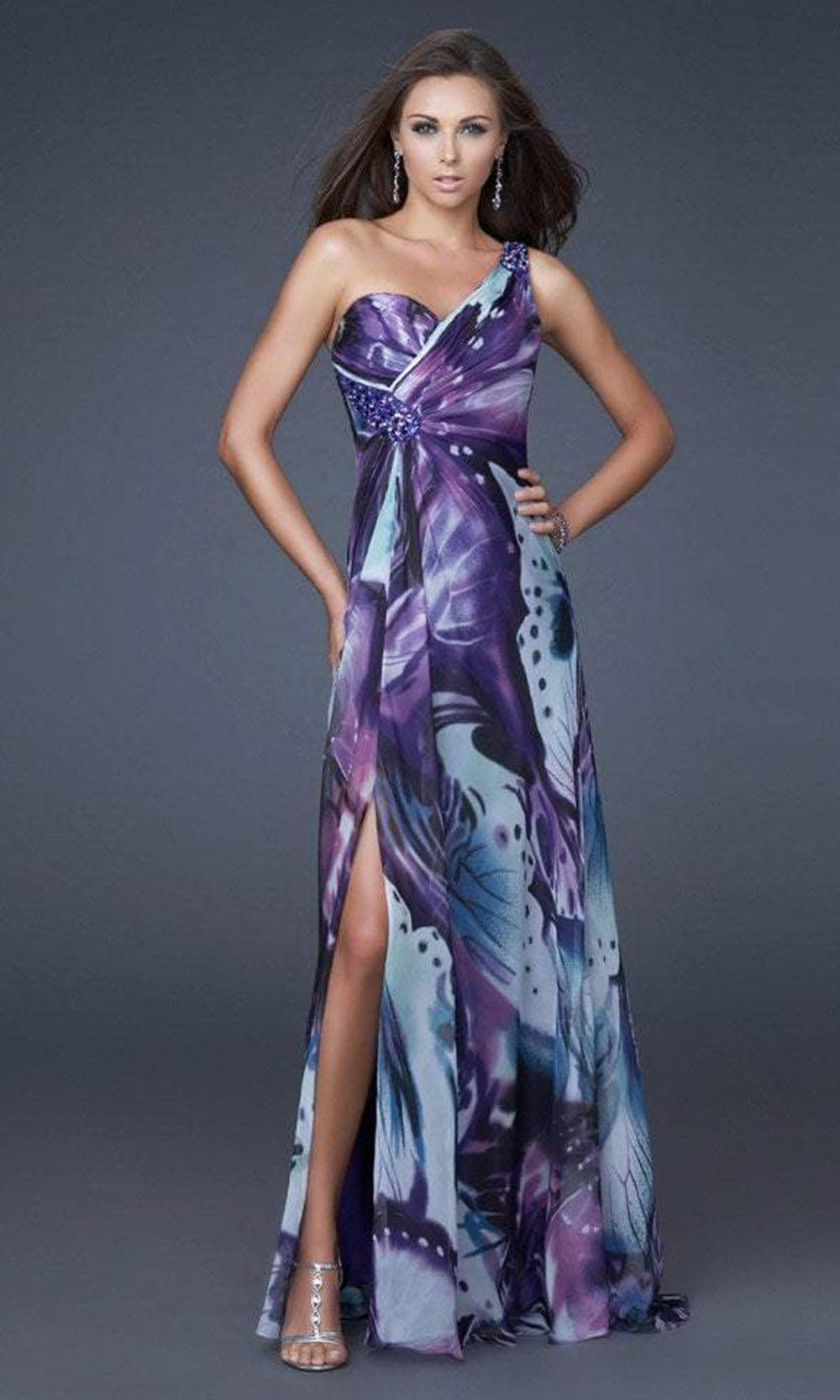 La Femme - Sweetheart Open Back Printed A-Line Gown 16265SC In Purple
