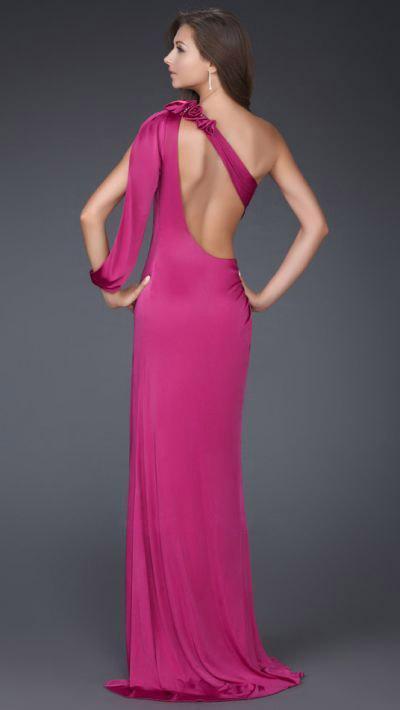 La Femme - 16565 Elegant Satiny Rosettes Asymmetric Jersey Sheath Dress Special Occasion Dress
