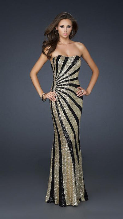 La Femme - 17456 Two Tone Sequined Semi-sweetheart Long Column Dress Special Occasion Dress 00 / Gold/Black