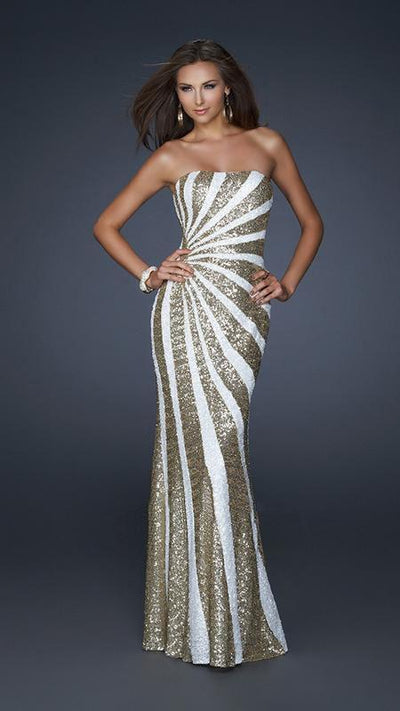 La Femme - 17456 Two Tone Sequined Semi-sweetheart Long Column Dress Special Occasion Dress 00 / White/Gold