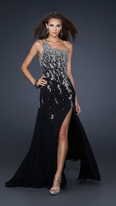 La Femme - 17706 Jewel Embellished Asymmetric Neck Chiffon A-line Gown Special Occasion Dress 0 / Black