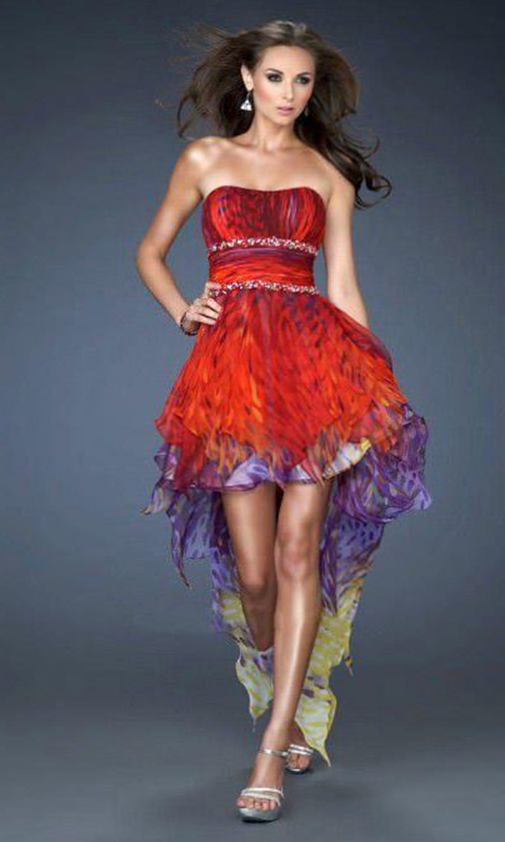 La Femme - Sweetheart Layered Tulle Printed A-Line Dress 18051SC In Red and Multicolor