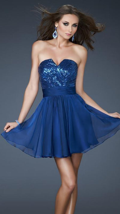La Femme - 18162 Sequined V-neck Chiffon A-line Dress Special Occasion Dress 00 / Marine Blue