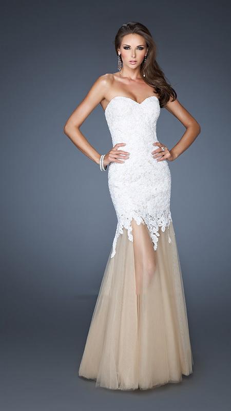 La Femme 18951 Strapless Sweetheart Lace Bodice Sheer Mermaid Prom Dress CCSALE 0 / White