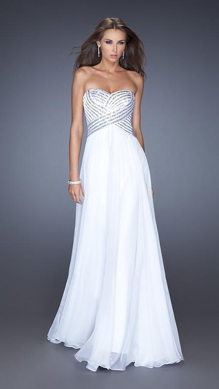 La Femme 19321 Strapless Sequined Crisscross Motif Gown CCSALE 2 / White/Silver