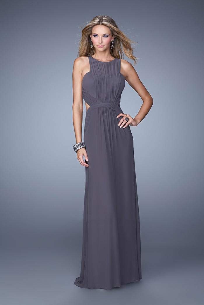 La Femme - 21187 Gathered Panel Cutout Gown Special Occasion Dress 00 / Gunmetal