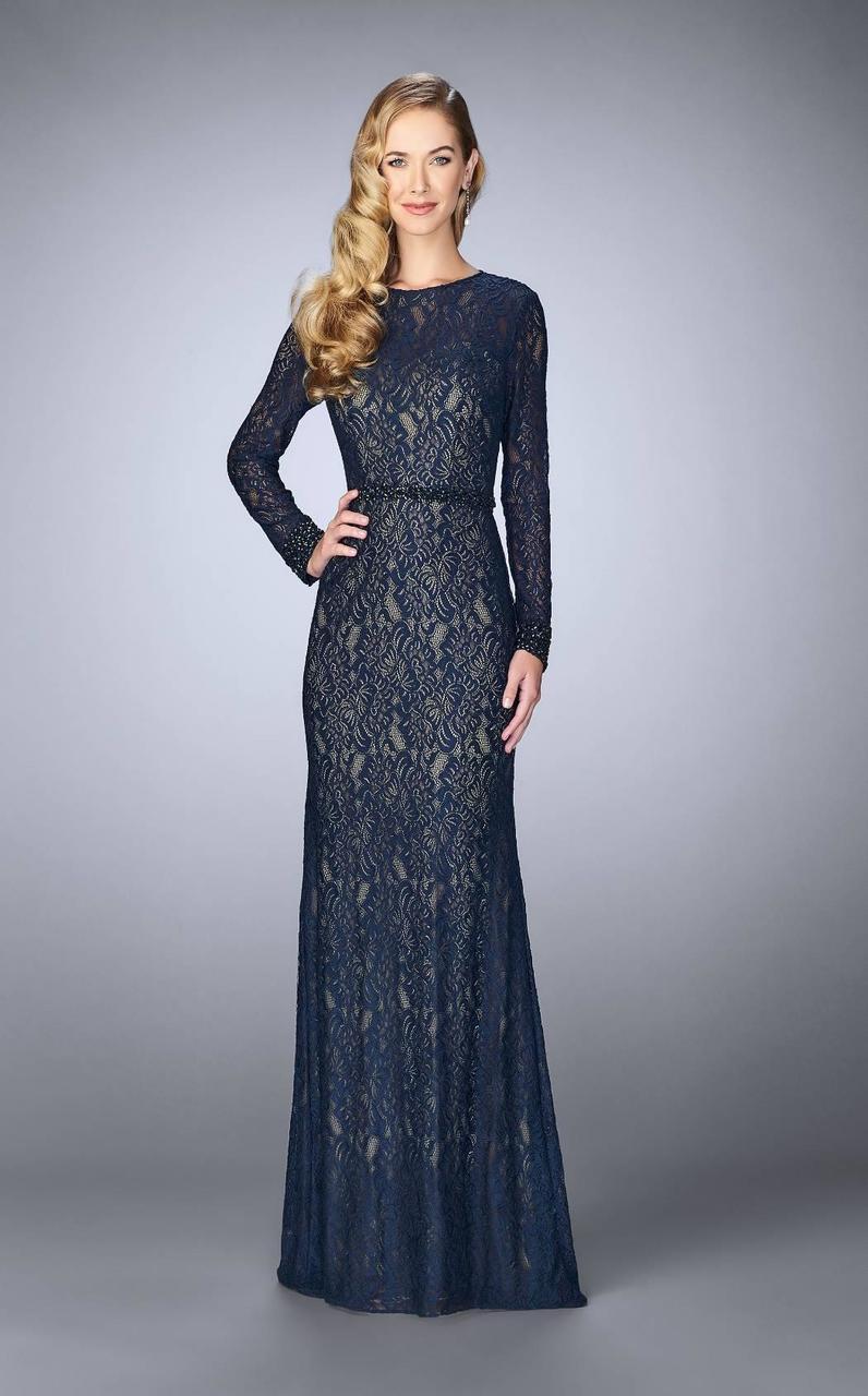 La Femme - 23115 Lace Long Sleeves Sheath Long Dress Special Occasion Dress 0 / Navy