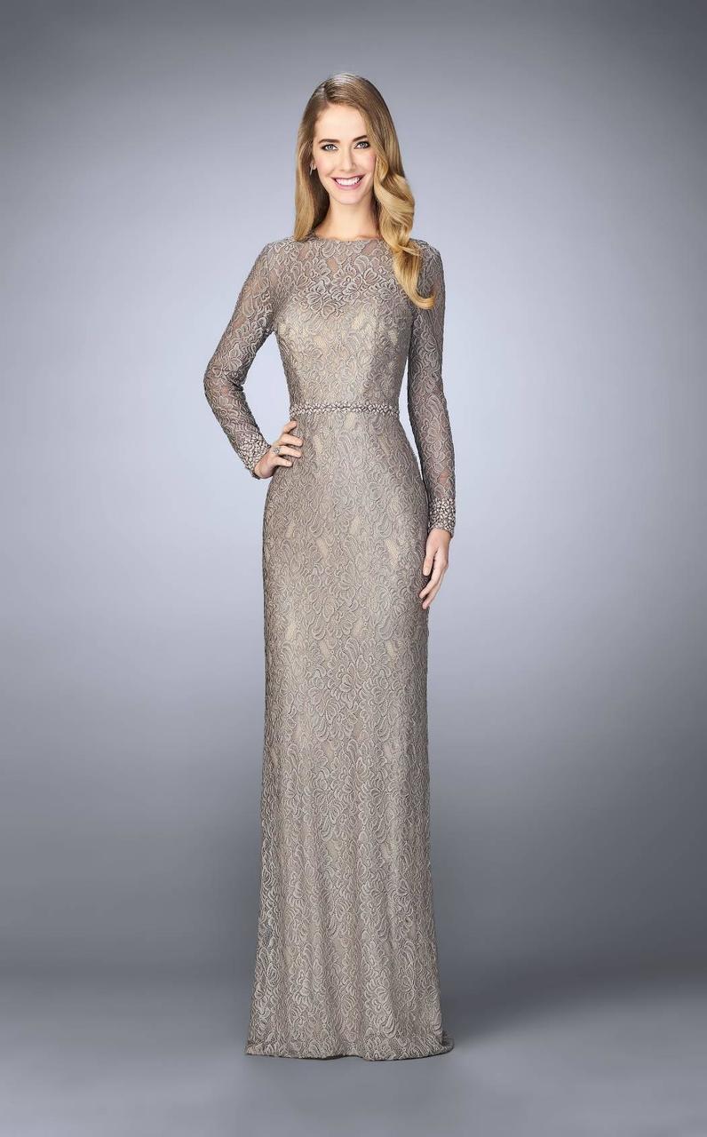 La Femme - 23115 Lace Long Sleeves Sheath Long Dress Special Occasion Dress 0 / Platinum