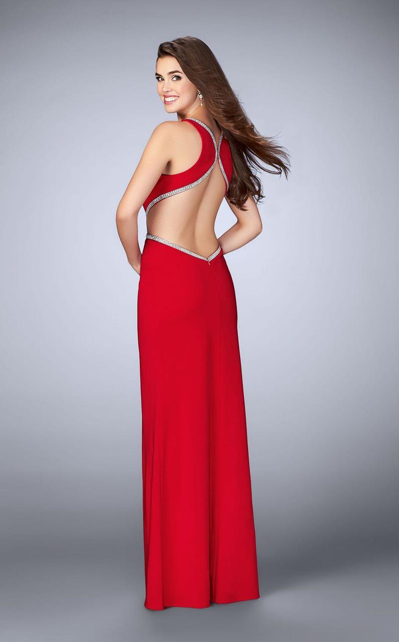 La Femme 23418 - Long Jersey Sheath Dress - Sleeveless, Beading, Halter Neckline, Cutouts, Side Slit, Jersey Dress, Back Zipper ADASA La Femme 23418 - Long Jersey Sheath Dress - Sleeveless, Beading, Halter Neckline, Cutouts, Side Slit, Jersey Dress, Back Zipper ADASA