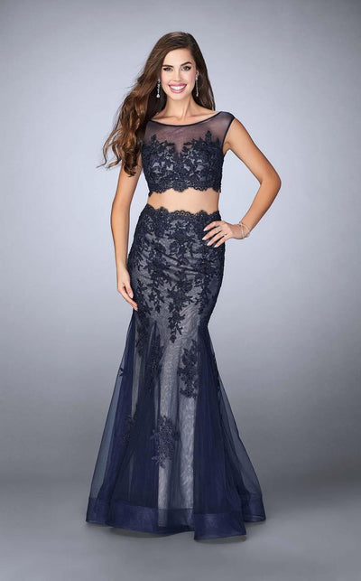 La Femme - 23461 Two-Piece Intricately Embroidered Illusion Long Evening Gown Special Occasion Dress 00 / Navy