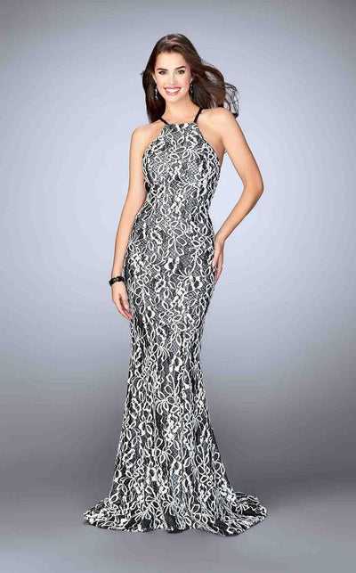 La Femme - 23848 Refined Contrast Lace Halter Long Evening Gown Special Occasion Dress