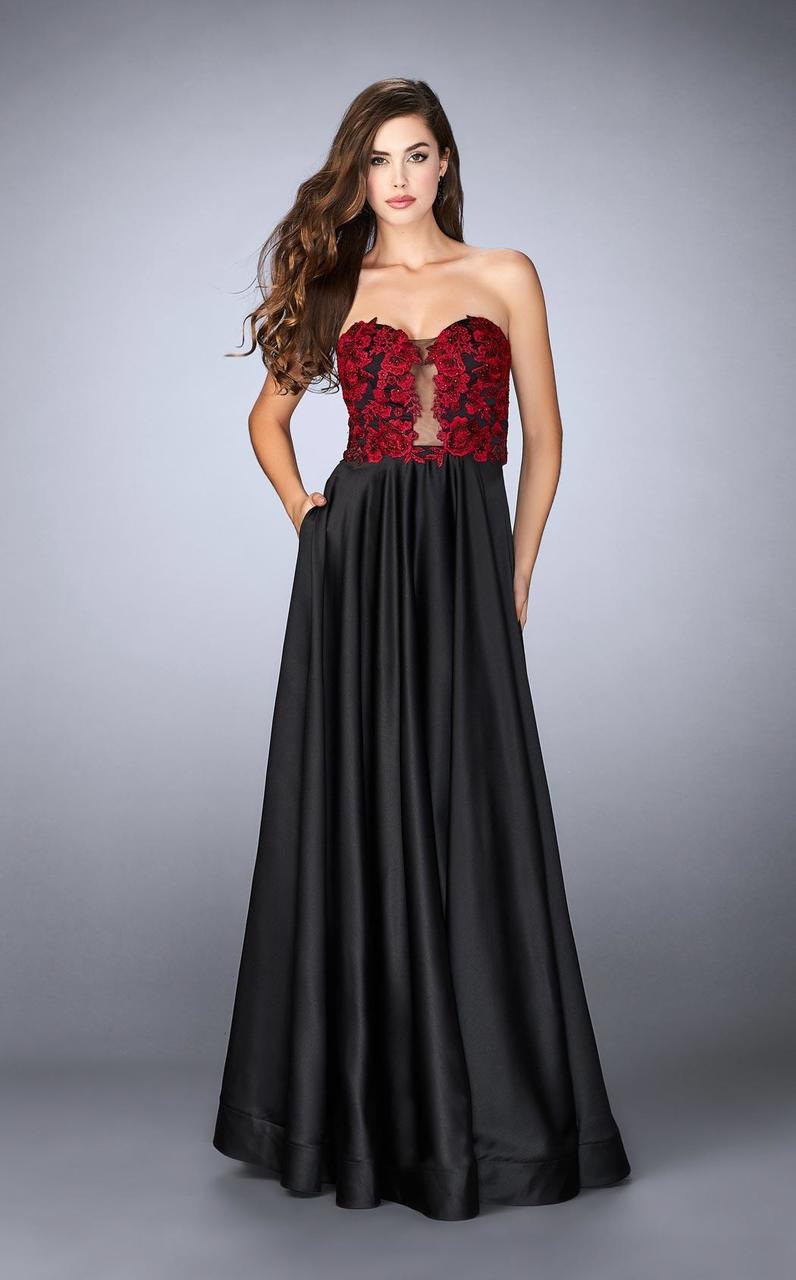 La Femme - 23881 Delicate Deep Sweetheart Illusion A-Line Long Evening Gown Special Occasion Dress 00 / Black/Red