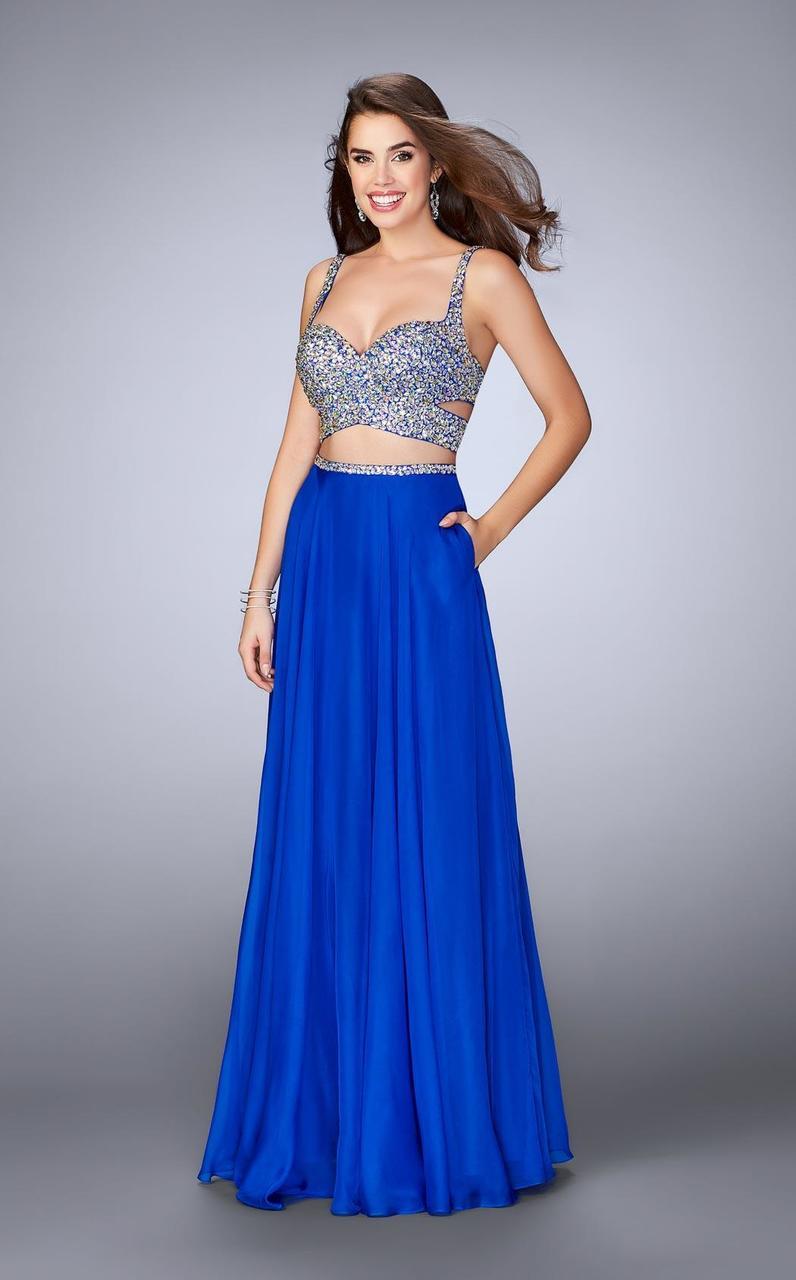 La Femme - 23966 Two-Piece Crystal Sweetheart Crisscross Long Evening Gown Special Occasion Dress 00 / Electric Blue