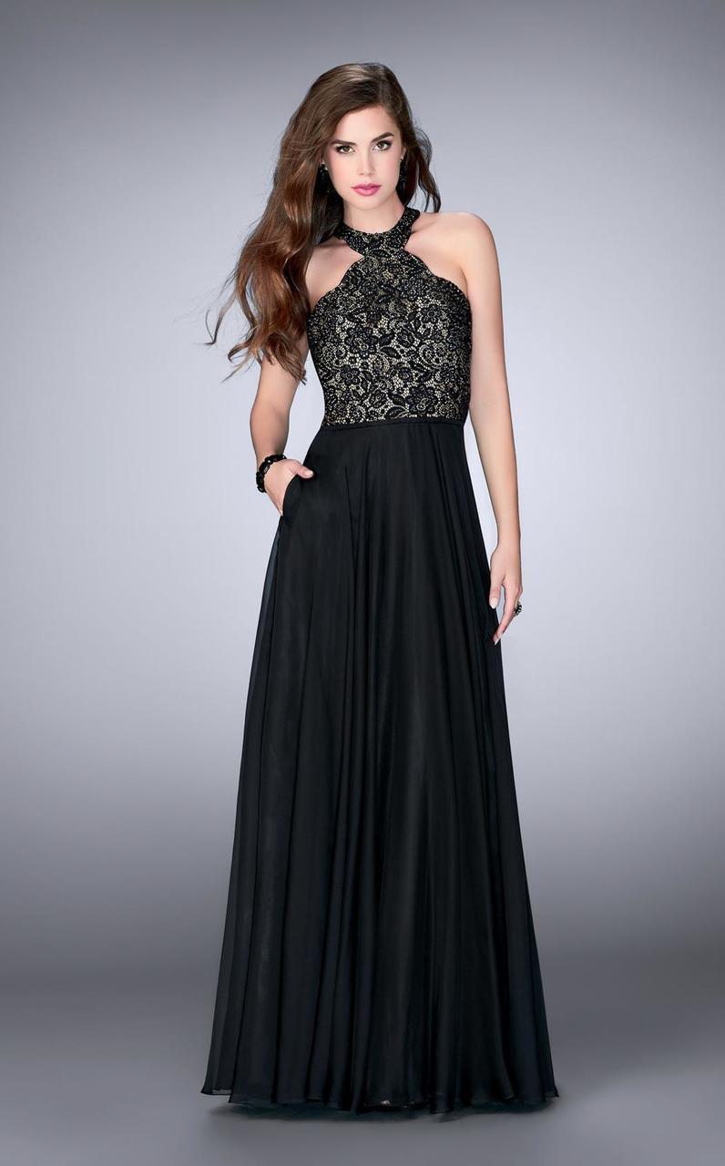 La Femme - 23975 Lace Detail Halter Top Chiffon Long Prom Dress Special Occasion Dress 00 / Black
