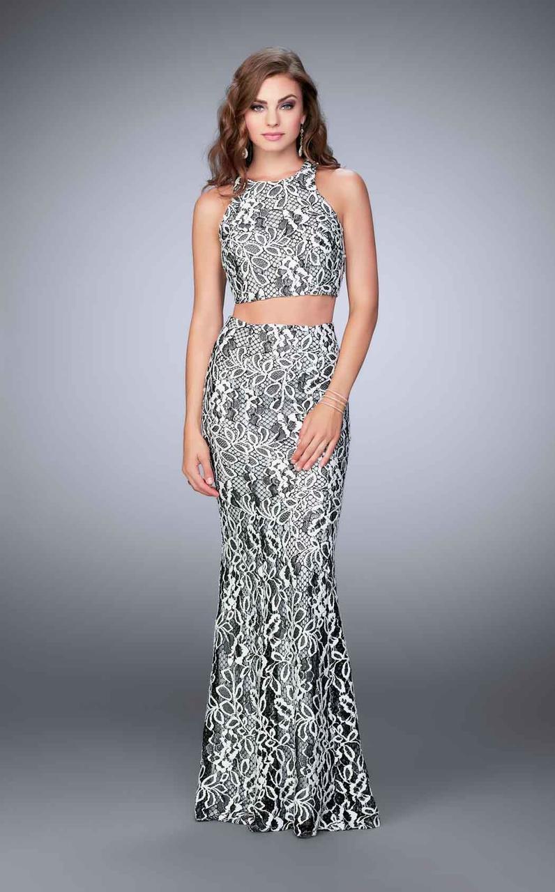 La Femme - 23976 Two-Piece Contrast Lace Sheath Long Evening Gown Special Occasion Dress 00 / Black/White