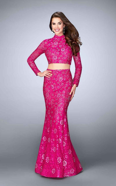 La Femme - 24013 Long Sleeve Turtleneck Crop Top Lace Overlay Long Prom Dress Special Occasion Dress 00 / Fuchsia