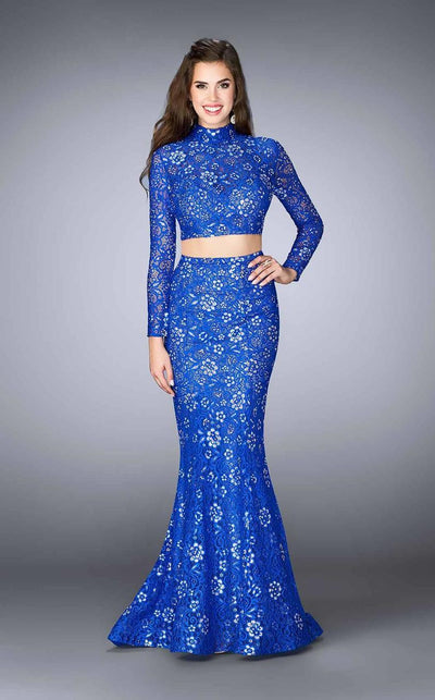 La Femme - 24013 Long Sleeve Turtleneck Crop Top Lace Overlay Long Prom Dress Special Occasion Dress 00 / Royal Blue