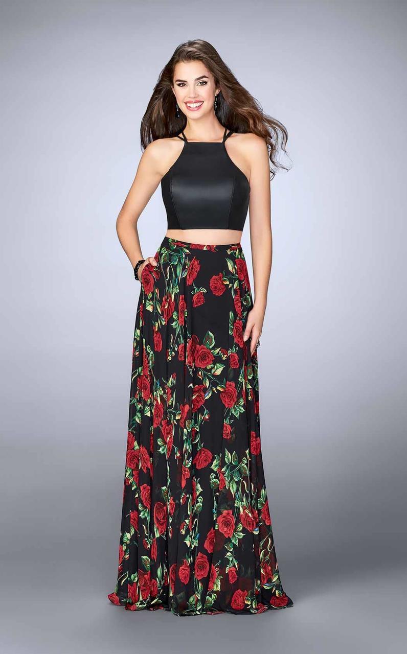 La Femme - 24014 Eye-catching Floral and Leather Two-piece Chiffon Dress Prom Dresses
