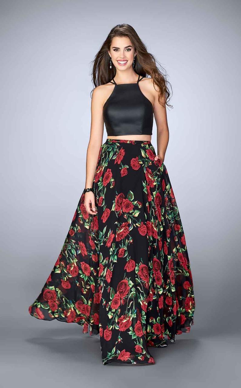 La Femme - 24014 Eye-catching Floral and Leather Two-piece Chiffon Dress Special Occasion Dress