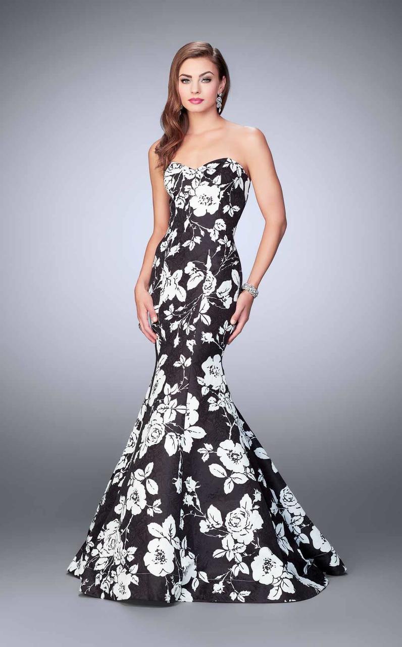 La Femme - 24023SC High Contrast Strapless Floral Mermaid Gown - 1 Pc. Black/White in size 00 Available CCSALE 00 / Black/White