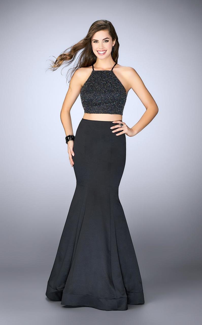 La Femme - 24243 Glistening Crop Top Long Mermaid Evening Gown Special Occasion Dress 00 / Black
