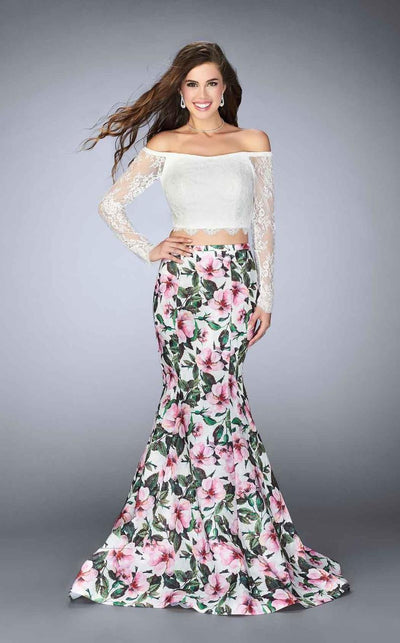 La Femme - 24281 Intricate Lace Off-Shoulder Long Floral Evening Gown Special Occasion Dress 00 / Pink/Multi