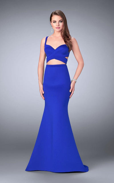 La Femme - 24288 Classy Crisscrossed Crop Top Long Evening Gown Special Occasion Dress 00 / Sapphire Blue