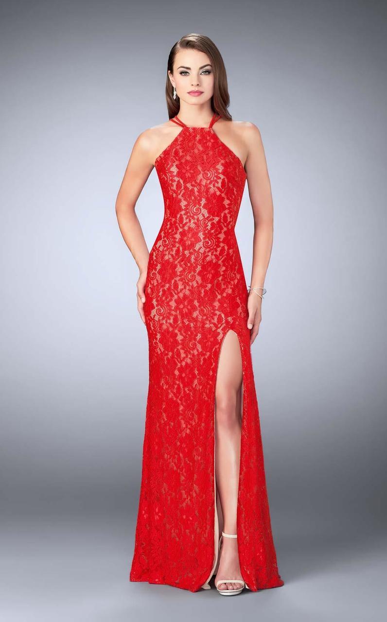 La Femme - 24293 Classic High Halter Lace Long Sheath Evening Gown Special Occasion Dress 00 / Poppy Red